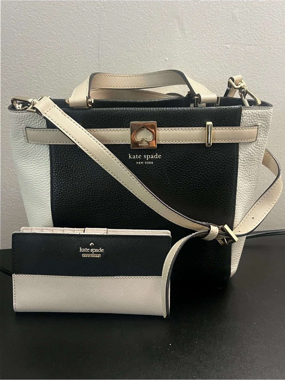 kate spade Black and Cream Leather Bi-Color Satchel with Matching Wallet